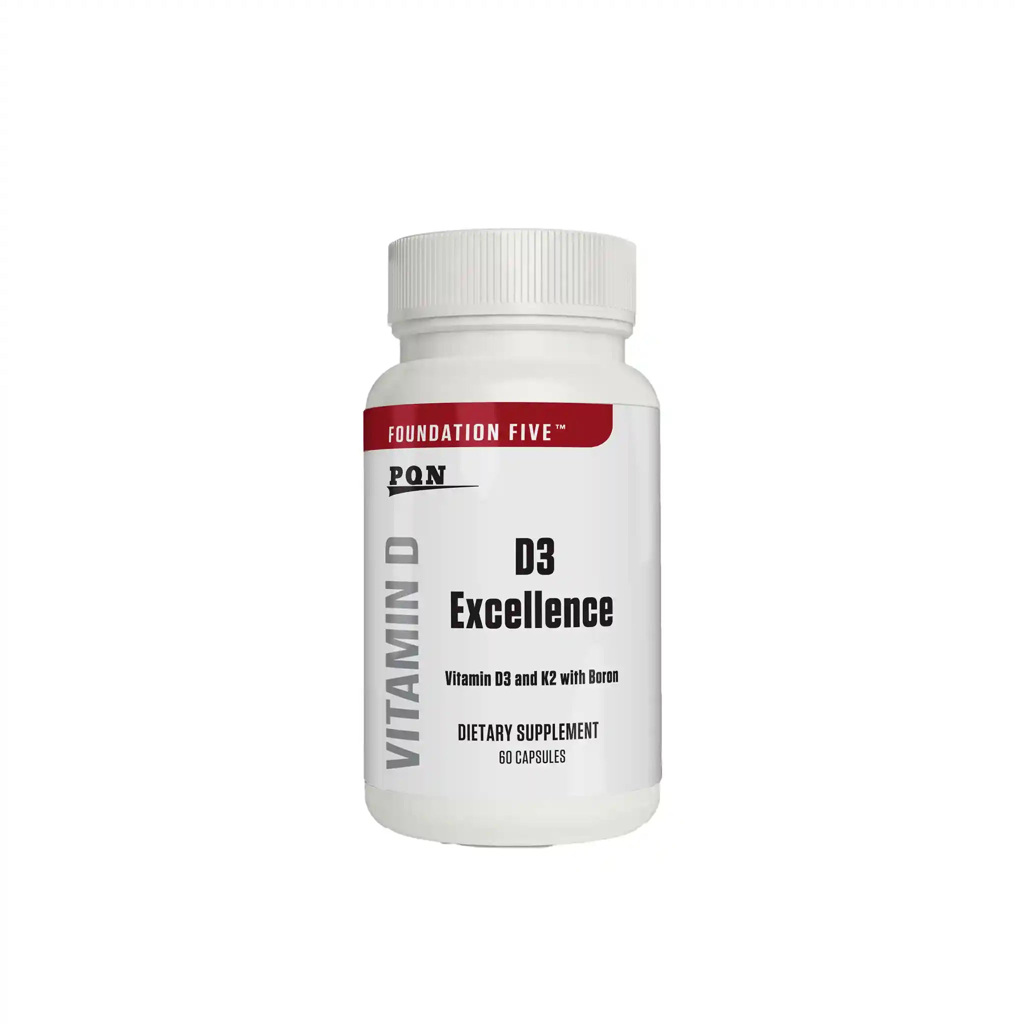 A white bottle with a label that reads D3 EXCELLENCE, in the Foundation Five category.