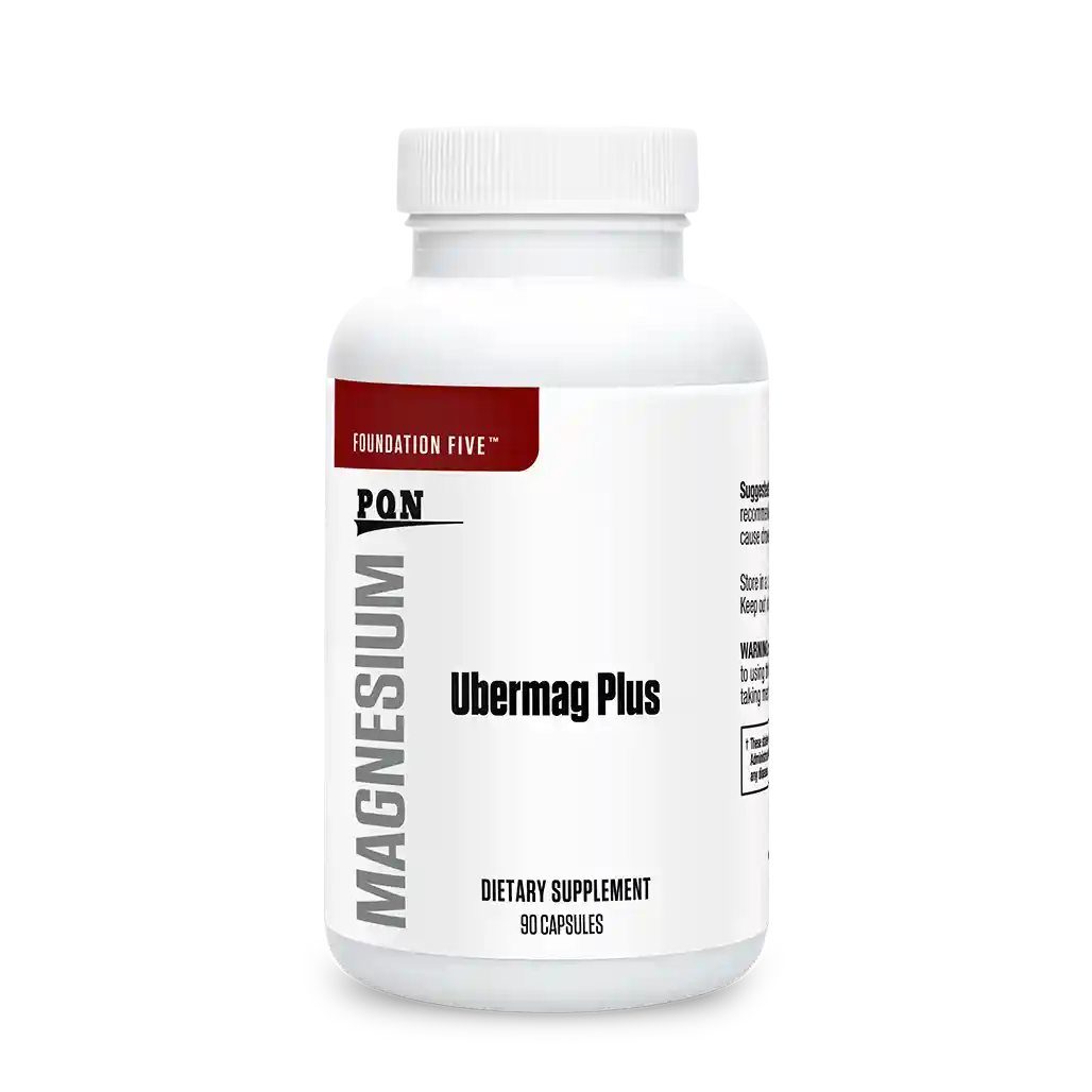 A white bottle with a red and black label, labeled 'MAGNESIUM Ubermag Plus' indicating it is a dietary supplement.