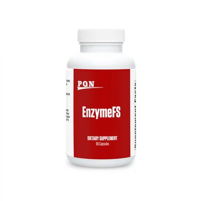 A bottle of EnzymeFS dietary supplement with red and white label, indicating it contains digestive enzymes.