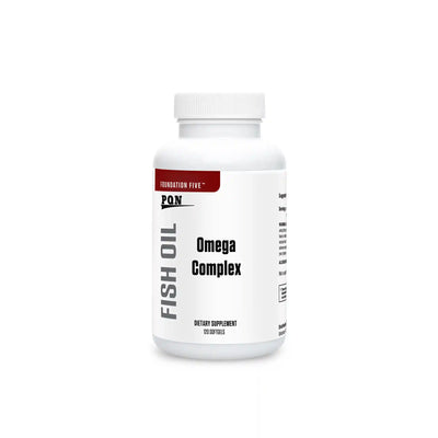 A bottle of Omega Complex supplement with a white label and red text highlighting 'FISH OIL'.