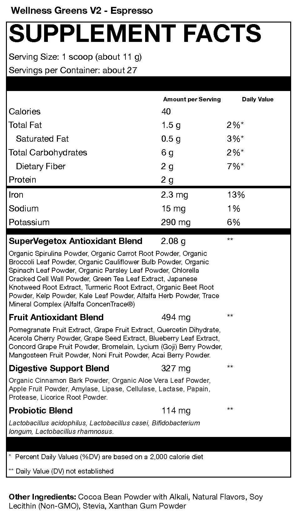 Supplement facts label for Wellness Greens V2 Espresso