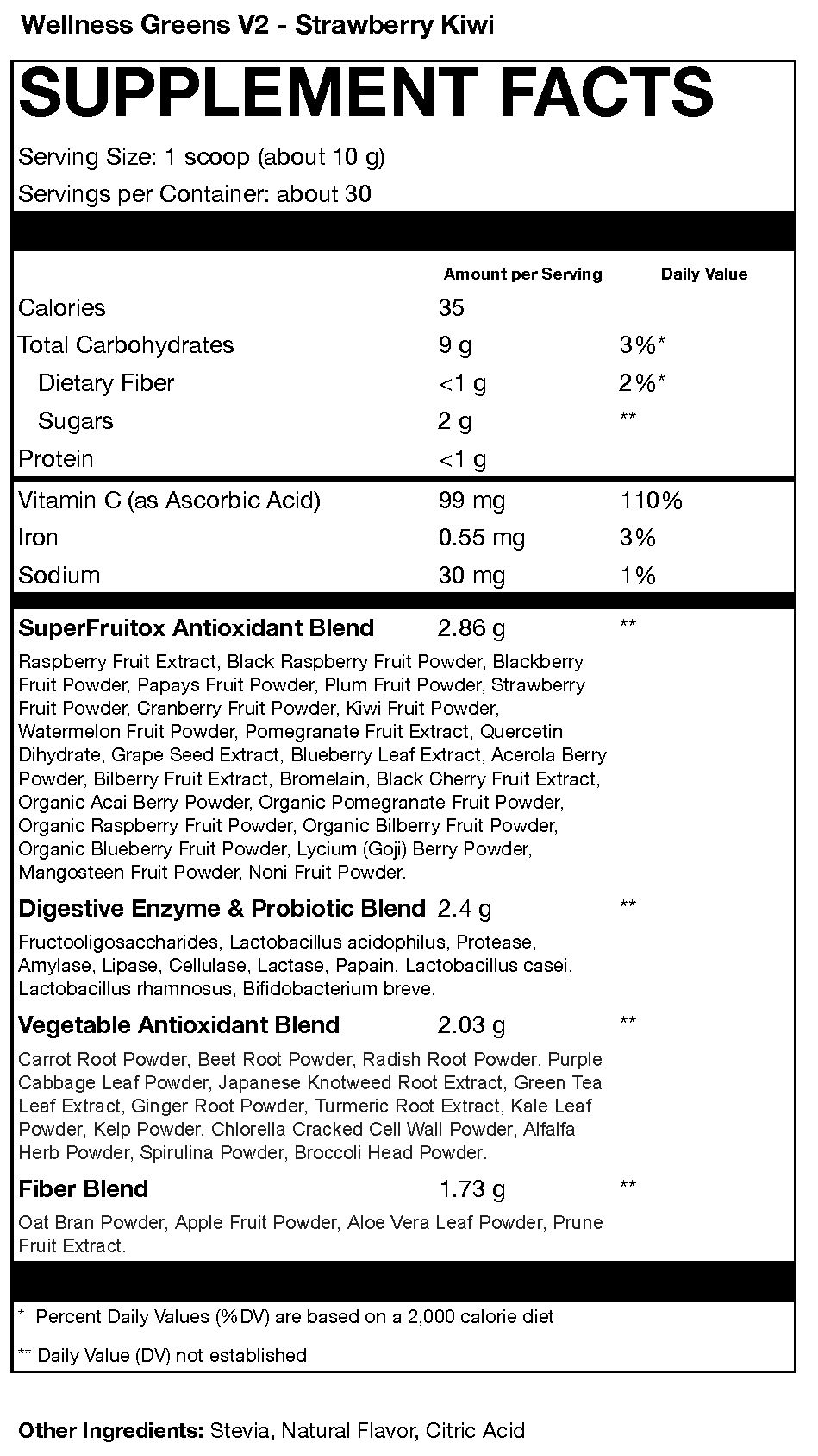 Supplement facts label for Wellness Greens V2 Strawberry Kiwi supplement
